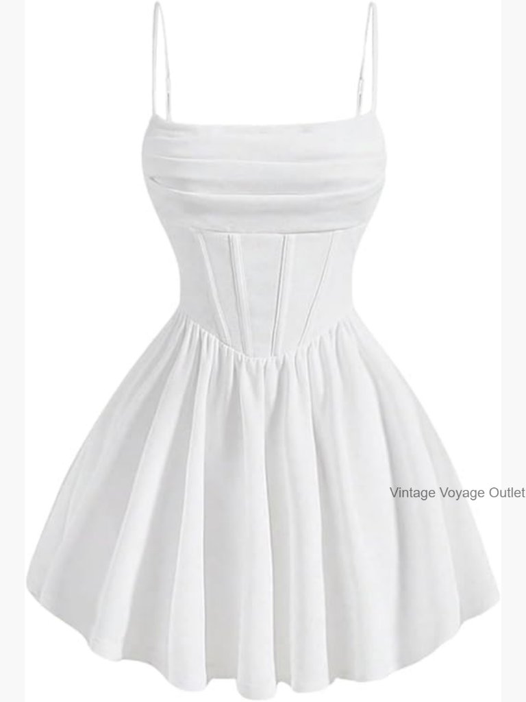 Ruched Corset Mini Dress Spaghetti Strap Flowy Skater Fit And Flare Cami